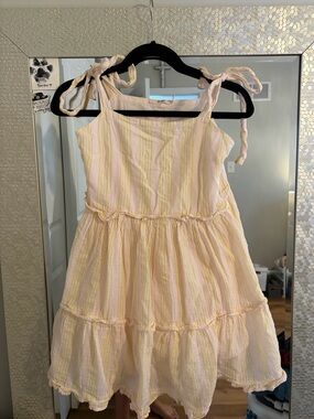 Mi Amore Pink & Cream Striped Tie-Shoulder Tiered Dress